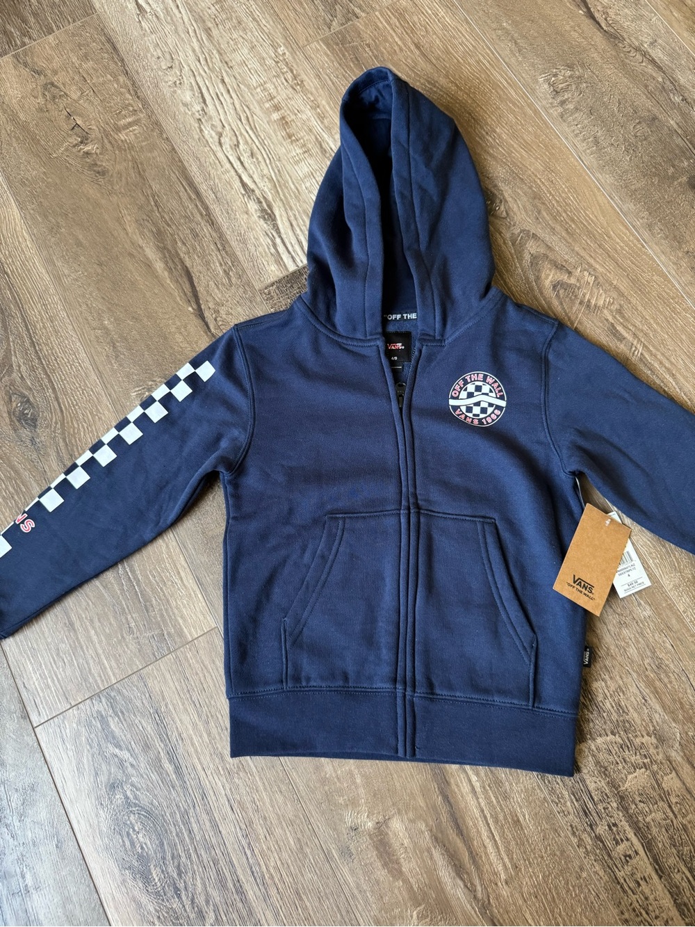 Vans Boys Navy Hoodie with Checkerboard Sleeve and Patch